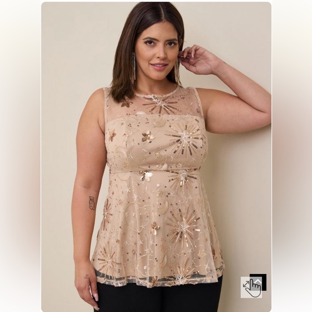 Torrid Gold Embroidered Mesh Babydoll Tank Size 6